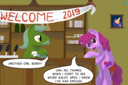Size: 1000x667 | Tagged: safe, artist:quint-t-w, berry punch, berryshine, princess luna, oc, g4, 2019, alcohol, bartender, breaking the fourth wall, dialogue, facial hair, happy new year, happy new year 2019, holiday, looking at you, moustache, picture, pub, traffic cone