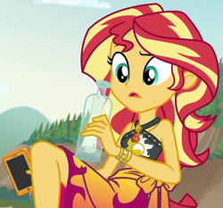 Size: 1058x985 | Tagged: safe, screencap, sunset shimmer, equestria girls, g4, my little pony equestria girls: better together, x marks the spot, belly button, bikini, bikini top, bottle, bracelet, cellphone, clothes, confused, cropped, female, geode of empathy, jewelry, magical geodes, midriff, phone, raised eyebrow, sarong, sleeveless, solo, swimsuit, what the hay?
