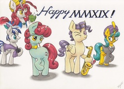 Size: 4575x3280 | Tagged: safe, artist:xeviousgreenii, oc, oc only, oc:diskette drives, oc:lucky stellar, oc:serpentine, oc:zircon glaze, pegasus, pony, unicorn, camera, diamond, female, glasses, mare, musical instrument, rule 63, saxophone, traditional art, turban