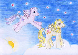 Size: 1024x727 | Tagged: safe, artist:normaleeinsane, lofty, north star (g1), pegasus, pony, g1, bow, cloud, cloudy, cute, duo, female, flying, loftybetes, mare, northabetes, sky, smiling, stars, sun, tail, tail bow, traditional art