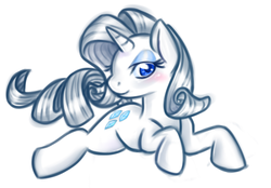 Size: 578x403 | Tagged: safe, artist:noth-chan, rarity, pony, unicorn, g4, blushing, female, lidded eyes, limited palette, looking at you, mare, prone, simple background, smiling, solo, white background