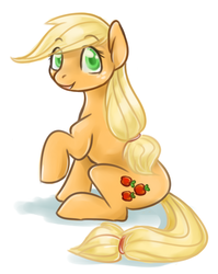 Size: 615x772 | Tagged: safe, artist:noth-chan, applejack, earth pony, pony, g4, cutie mark, eye clipping through hair, female, looking at you, mare, missing accessory, open mouth, raised hoof, simple background, sitting, solo, white background