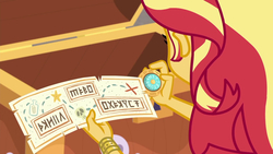Size: 1920x1080 | Tagged: safe, screencap, sunset shimmer, starfish, equestria girls, equestria girls series, g4, x marks the spot, beach, bracelet, decoder ring, jewelry, map, skull, treasure chest, treasure map, written equestrian