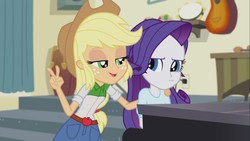 Size: 1920x1080 | Tagged: safe, screencap, applejack, rarity, equestria girls, g4, my little pony equestria girls: rainbow rocks, player piano, air quotes, drums, frown, guitar, lidded eyes, maracas, musical instrument, out of context, piano, stairs, tambourine, xylophone