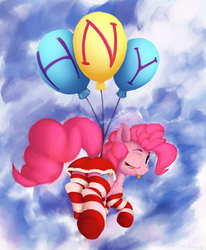 Size: 2676x3241 | Tagged: safe, artist:hitbass, pinkie pie, earth pony, pony, g4, :p, balloon, blushing, butt, clothes, cute, diapinkes, female, floating, happy new year 2019, high res, mare, one eye closed, plot, silly, sky, socks, solo, striped socks, then watch her balloons lift her up to the sky, tongue out, wink