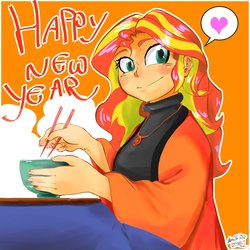 Size: 1000x1000 | Tagged: safe, artist:sozglitch, sunset shimmer, equestria girls, g4, female, heart, new year, solo