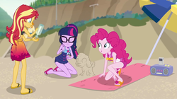 Size: 1585x885 | Tagged: safe, screencap, pinkie pie, sci-twi, spike, spike the regular dog, sunset shimmer, twilight sparkle, dog, equestria girls, equestria girls series, g4, x marks the spot, beach, bottle, clothes, cropped, curvy, feet, flip-flops, geode of sugar bombs, geode of telekinesis, glasses, magical geodes, pinkie pie swimsuit, ponytail, radio, sandals, sarong, sci-twi swimsuit, skirt, sleeveless, swimsuit, umbrella