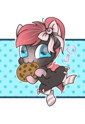 Size: 1024x1500 | Tagged: safe, artist:irennecalder, oc, oc only, oc:dark raspberries, bat pony, pony, :3, bat pony oc, blushing, bow, chibi, clothes, commission, cookie, cute, female, food, freckles, hair bow, heart, mare, nom, ocbetes, simple background, socks, solo, stockings, striped socks, thigh highs, transparent background, weapons-grade cute