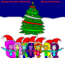 Size: 1916x1728 | Tagged: safe, artist:samueljcollins1990, applejack, fluttershy, pinkie pie, rainbow dash, rarity, sunset shimmer, twilight sparkle, equestria girls, g4, christmas, christmas tree, hat, hearth's warming, holiday, santa hat, tree