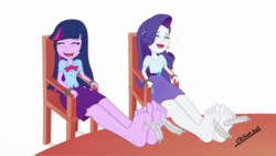 Size: 2560x1440 | Tagged: safe, artist:cesar3o0, rarity, twilight sparkle, equestria girls, g4, barefoot, belt, big feet, blushing, bondage, bondage furniture, bowtie, chair, clothes, commission, crying, erotic tickling, eyes closed, eyeshadow, feather, feet, feet on table, female, femsub, fetish, foot fetish, laughing, makeup, open mouth, pleated skirt, show accurate, simple background, skirt, soles, submissive, table, tears of laughter, tickle fetish, tickle torture, tickling, white background