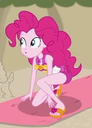 Size: 449x621 | Tagged: safe, screencap, pinkie pie, equestria girls, g4, my little pony equestria girls: better together, x marks the spot, adorasexy, beach, beach towel, clothes, curvy, cute, diapinkes, feet, female, flip-flops, pinkie pie swimsuit, sandals, sexy, sleeveless, swimsuit