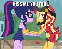 Size: 600x473 | Tagged: safe, edit, edited screencap, screencap, sci-twi, sunset shimmer, twilight sparkle, equestria girls, g4, my little pony equestria girls: better together, unsolved selfie mysteries, beach shorts swimsuit, caption, duo, duo female, female, geode of empathy, geode of shielding, geode of sugar bombs, geode of super speed, geode of super strength, geode of telekinesis, image macro, lesbian, magical geodes, memeful.com, ship:sci-twishimmer, ship:sunsetsparkle, shipping, sleeveless, sunset shimmer's beach shorts swimsuit, text
