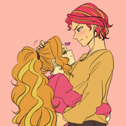 Size: 1000x1000 | Tagged: safe, artist:raika0306, adagio dazzle, sunset shimmer, equestria girls, g4, blushing, clothes, duo, equestria guys, female, foe yay, half r63 shipping, heart, hug, looking at each other, male, rule 63, ship:adagiglare, ship:sunsagio, shipping, smiling, straight, sunset glare, sweat, sweater