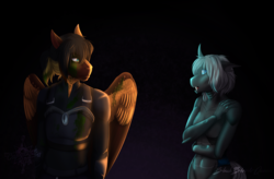 Size: 3300x2163 | Tagged: safe, artist:blackblood-queen, oc, oc only, oc:daniel dasher, oc:imago, changeling, dracony, hybrid, pegasus, anthro, anthro oc, armor, breasts, changeling oc, featureless breasts, female, high res, looking at each other, male, night guard, stallion, story in the source