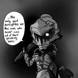 Size: 1650x1650 | Tagged: safe, artist:tjpones, pony, abstract background, armor, dialogue, goblin slayer, grayscale, monochrome, ponified, solo, speech bubble, this will end in genocide