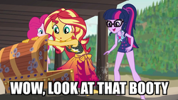 Size: 1920x1080 | Tagged: safe, edit, edited screencap, screencap, pinkie pie, sci-twi, sunset shimmer, twilight sparkle, equestria girls, g4, my little pony equestria girls: better together, x marks the spot, caption, clothes, dialogue, double entendre, eyes on the prize, female, glasses, image macro, lesbian, meme, pun, ship:sci-twishimmer, ship:sunsetsparkle, shipping, sleeveless, swimsuit, text, treasure chest
