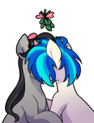 Size: 763x1000 | Tagged: safe, artist:yaco, dj pon-3, octavia melody, vinyl scratch, earth pony, pony, unicorn, g4, covering face, duo, female, implied kissing, kissing, lesbian, mare, mistletoe, ship:scratchtavia, shipping, simple background, strategically covered, white background