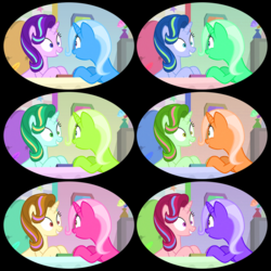 Size: 1080x1080 | Tagged: safe, color edit, edit, edited screencap, screencap, starlight glimmer, trixie, pony, unicorn, g4, road to friendship, animated in description, chair, colored, cropped, desk, excited, flower, grin, hue, looking at each other, png, quill, saturated, smiling, starlight's office, stars