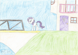 Size: 3489x2476 | Tagged: safe, artist:parclytaxel, rarity, pony, unicorn, g4, bridge, colored pencil drawing, female, high res, implied amethyst star, mare, pencil drawing, solo, traditional art, walking