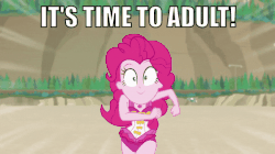 Size: 600x337 | Tagged: safe, edit, edited screencap, screencap, pinkie pie, equestria girls, equestria girls series, forgotten friendship, g4, animated, caption, clothes, cute, diapinkes, female, geode of sugar bombs, gif, image macro, magical geodes, reality ensues, running, solo, swimsuit, text