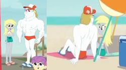Size: 499x278 | Tagged: safe, screencap, bulk biceps, derpy hooves, water lily (g4), equestria girls, g4, my little pony equestria girls: better together, too hot to handle, x marks the spot, beach, clothes, cropped, feet, female, male, male nipples, midriff, nipples, ship:derpybulk, shipping, straight, swimsuit