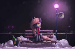 Size: 1522x1000 | Tagged: safe, artist:atlas-66, oc, oc only, oc:mitra, pony, bench, bottle, clock, eyes closed, female, gift art, lamp, mare, sitting, snow, solo, winter