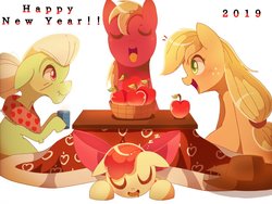 Size: 1024x768 | Tagged: safe, artist:erufi, apple bloom, applejack, big macintosh, granny smith, earth pony, pony, g4, adorabloom, apple, apple family, apple siblings, apple sisters, brother and sister, cute, female, filly, food, happy new year 2019, kotatsu, male, mare, siblings, sisters, sleeping, stallion