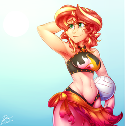 Size: 4628x4656 | Tagged: safe, artist:drizziedoodles, sunset shimmer, human, equestria girls, equestria girls series, absurd resolution, alternate hairstyle, arm behind head, armpits, belly button, bikini, black swimsuit, breasts, clothes, cute, cutie mark swimsuit, female, freckles, humanized, jeweled swimsuit, midriff, peppered bacon, sarong, shimmerbetes, short hair, smiling, solo, sports, summer sunset, swimsuit, volleyball