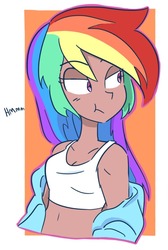 Size: 750x1118 | Tagged: safe, artist:drawbauchery, rainbow dash, human, g4, :t, abstract background, belly button, clothes, cute, dashabetes, female, humanized, lidded eyes, midriff, sleeveless, solo, tank top