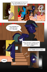Size: 3513x5333 | Tagged: safe, artist:takaneko13, oc, oc only, oc:knight fire, oc:koneko, oc:momma cider, oc:night rose, oc:silkie skies, oc:tempo cider, oc:vocal gamer, earth pony, kirin, pegasus, pony, unicorn, comic:a hearth's warming tale, bow, claws, comic, confetti, curious, dialogue, family, glasses, glowing eyes, hearth's warming, house, koncal, narration, party, stairs, tree