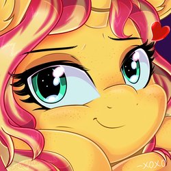 Size: 3600x3600 | Tagged: safe, artist:katakiuchi4u, sunset shimmer, pony, unicorn, bust, close-up, cute, eyelashes, female, freckles, heart, looking at you, mare, peppered bacon, portrait, shimmerbetes, signature, smiling, solo