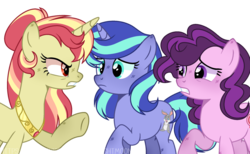 Size: 1280x790 | Tagged: safe, artist:jxst-roch, oc, oc only, oc:dream bunny, oc:fire emerald, earth pony, pony, unicorn, female, magical lesbian spawn, mare, offspring, parent:pinkie pie, parent:starlight glimmer, parent:sugar belle, parent:sunset shimmer, parent:trixie, parent:twilight sparkle, parents:startrix, parents:sugarpie, parents:sunsetsparkle, simple background, transparent background