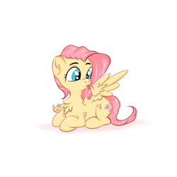 Size: 1080x1080 | Tagged: safe, artist:rurihal, fluttershy, pegasus, pony, g4, chest fluff, female, licking, looking at something, mare, one wing out, preening, prone, simple background, solo, tongue out, turned head, white background