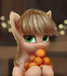 Size: 1080x1240 | Tagged: safe, artist:quvr, applejack, earth pony, pony, g4, bust, female, fluffy, food, hatless, looking at you, mare, missing accessory, orange, realistic hair, solo, tangerine