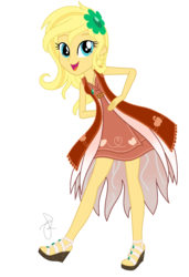 Size: 1480x2170 | Tagged: safe, artist:ilaria122, oc, oc only, oc:applemel, equestria girls, g4, alternate hairstyle, cardigan, clothes, crystal gala, crystal gala dress, dress, female, hairclip, high heels, jewelry, necklace, next generation, offspring, open mouth, parent:applejack, parent:caramel, parents:carajack, sandals, shoes, simple background, solo, transparent background