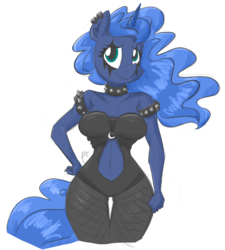 Size: 1100x1222 | Tagged: safe, artist:flutterthrash, princess luna, anthro, g4, belly button, clothes, female, hand on hip, looking at you, signature, simple background, smiling, solo, white background