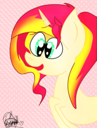 Size: 1600x2100 | Tagged: safe, artist:wonderschwifty, sunset shimmer, pony, unicorn, g4, abstract background, female, mare, smiling, solo
