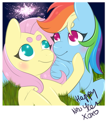 Size: 3100x3500 | Tagged: safe, artist:veincchi, fluttershy, rainbow dash, pegasus, pony, g4, beanbrows, blushing, cute, eyebrows, female, fireworks, happy new year, high res, holiday, lesbian, love, mare, new year, polaroid, ship:flutterdash, shipping, simple background, smiling