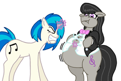 Size: 1024x682 | Tagged: safe, artist:duragan, artist:jamesawilliams1996, color edit, edit, dj pon-3, octavia melody, vinyl scratch, earth pony, pony, unicorn, g4, belly, big belly, bipedal, bowtie, button-up shirt, chubby cheeks, clothes, colored, conductor, duo, eyes closed, fat, fatavia, female, floppy ears, gritted teeth, huge belly, impossibly large belly, jacket, lesbian, lip bite, magic, mare, obese, overweight, ship:scratchtavia, shipping, telekinesis, this will end in pain, this will not end well, tight clothing, tuxedo, wardrobe malfunction, weight gain