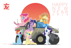 Size: 1748x1181 | Tagged: safe, artist:satv12, applejack, fluttershy, pinkie pie, rainbow dash, rarity, twilight sparkle, alicorn, earth pony, pegasus, pony, unicorn, g4, 2019, female, halo (series), happy new year, happy new year 2019, holiday, mane six, mare, twilight sparkle (alicorn), vehicle, warthog (halo)