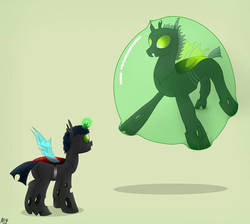 Size: 1024x918 | Tagged: safe, artist:atomfliege, oc, oc only, oc:flik, oc:warplix, changeling, bubble, changeling oc, in bubble, simple background, yellow changeling