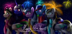 Size: 2600x1235 | Tagged: safe, artist:lada03, oc, oc only, pegasus, pony, unicorn, clothes, female, fireworks, happy new year, holiday, male, mare, night, scarf, stallion