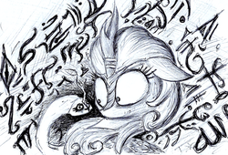 Size: 1000x680 | Tagged: safe, artist:t72b, derpibooru exclusive, autumn blaze, kirin, g4, sounds of silence, autumn blaze's disaster puppet, autumn blaze's puppet, bust, ears back, eldritch horror, female, mare, monochrome, possession, scared, stick, traditional art