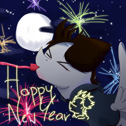 Size: 3000x3000 | Tagged: safe, artist:nudzbirb, oc, oc only, oc:blowzy mane, pegasus, pony, eyes closed, fireworks, high res, male, moon, new year, new years eve, night, stallion, text