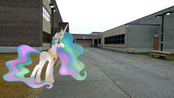 Size: 500x281 | Tagged: safe, artist:anthony60617, princess celestia, alicorn, pony, g4, crown, exterior, irl, jewelry, montreal, photo, ponies in real life, regalia, school, école secondaire anjou