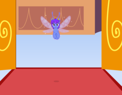 Size: 4268x3322 | Tagged: safe, artist:badumsquish, derpibooru exclusive, oc, oc only, fairy, original species, series:equestria and the world, antennae, crown, doorway, flying, glowing, insect wings, jewelry, king, male, palace, regalia, show accurate, smiling, solo, sparkles