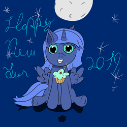Size: 1600x1600 | Tagged: safe, artist:m3g4p0n1, princess luna, alicorn, pony, g4, cupcake, female, filly, food, moon, new year, woona, younger