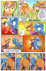 Size: 1800x2740 | Tagged: safe, artist:candyclumsy, ms. harshwhinny, trixie, oc, oc:learning curve, earth pony, pegasus, pony, unicorn, comic:fusing the fusions, comic:mlp: education reform, g4, body horror, butt, commissioner:bigonionbean, cutie mark, eyes closed, fear, female, fusion, fusion:cheerilee, fusion:spitfire, gritted teeth, hooves, horn, mare, merge, merging, open mouth, panic, plot, potion, shocked, swelling, teeth, writer:bigonionbean