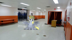 Size: 500x281 | Tagged: safe, artist:anthony60617, derpy hooves, pegasus, pony, g4, bench, desk, hallway, irl, photo, ponies in real life, school, staircase
