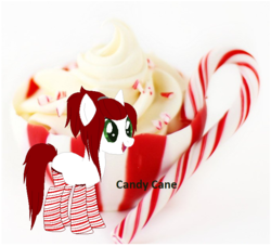Size: 687x623 | Tagged: safe, artist:kanean, oc, oc only, oc:candy cane (ice1517), pony, unicorn, blank flank, candy, candy cane, clothes, cupcake, female, food, mare, open mouth, ponytail, simple background, socks, solo, stockings, striped socks, thigh highs, white background